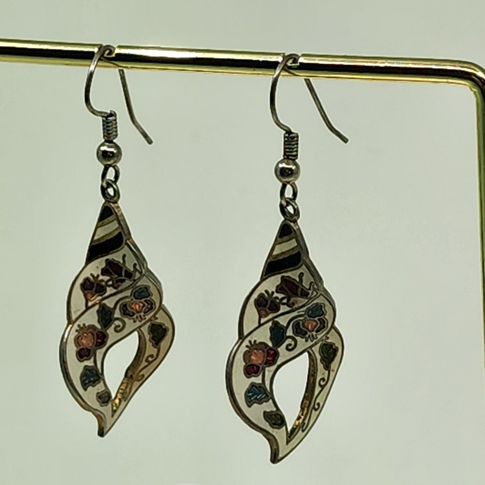 Vintage Floral Enamel Teardrop Dangle Earrings Silver Tone Boho Multicolor Pair